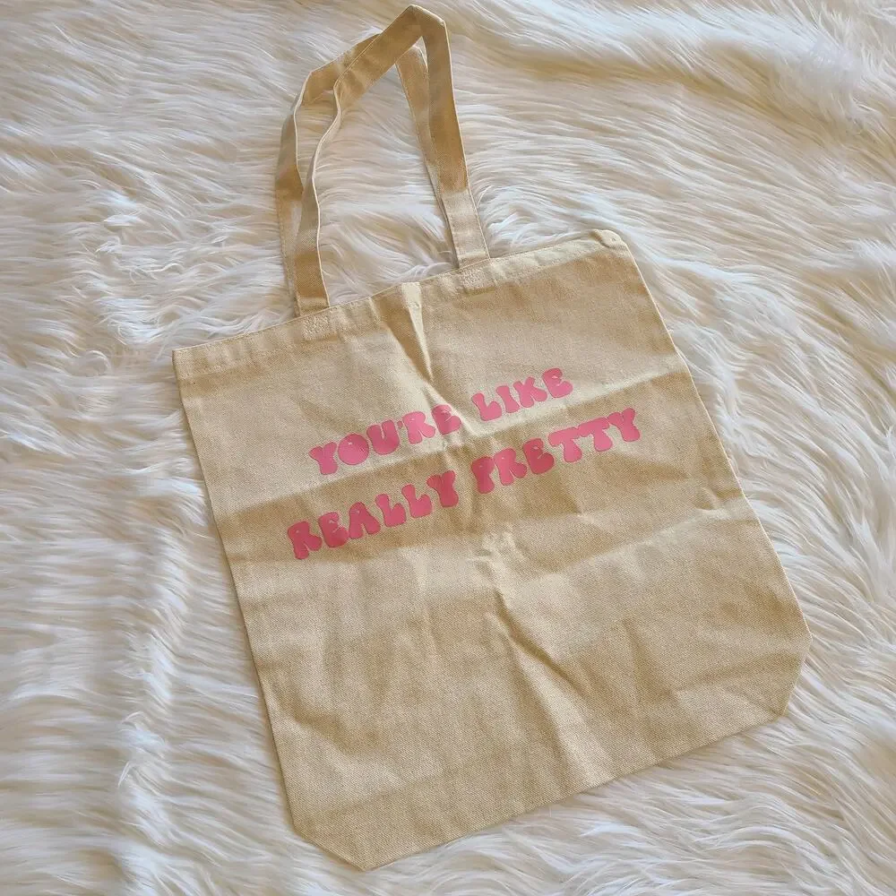 Y2K You're Like Really Pretty Tote Bag Purse Pink Cotton Market Book Bag Boho